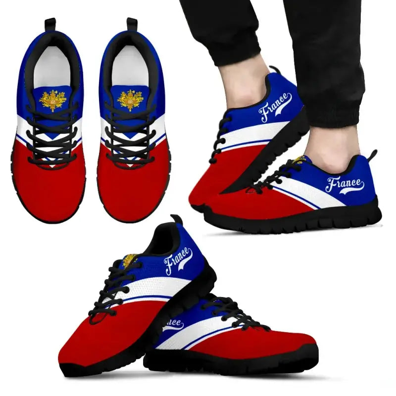 Multicolor France flag sneakers, blue heel and red sides, black sole, lace-up