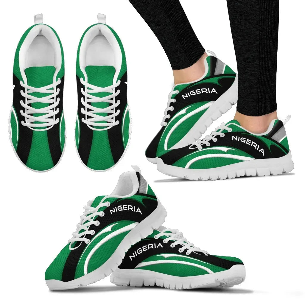 Nigeria-themed sneakers, green and black panels with “NIGERIA” text on the side, white sole
