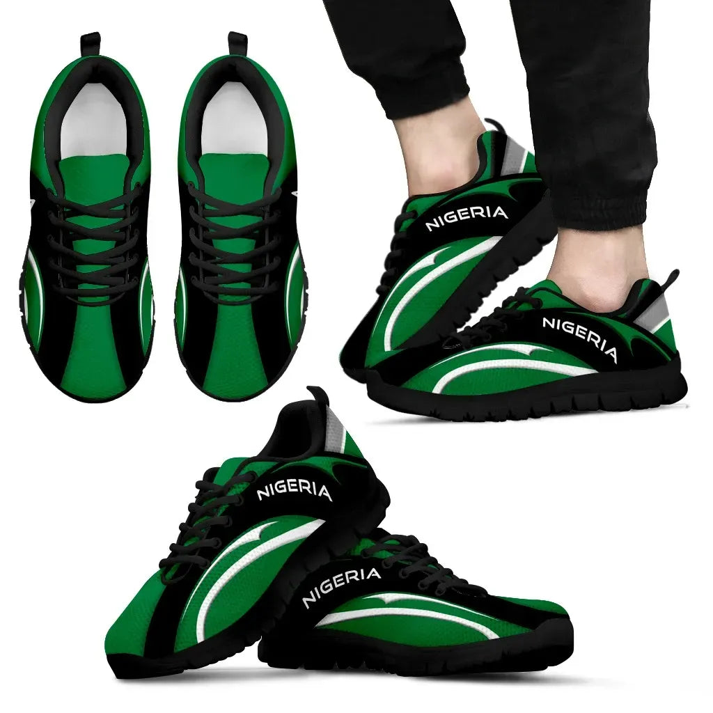 Nigeria flag sneakers, black upper with green accents, “NIGERIA” on side, black sole