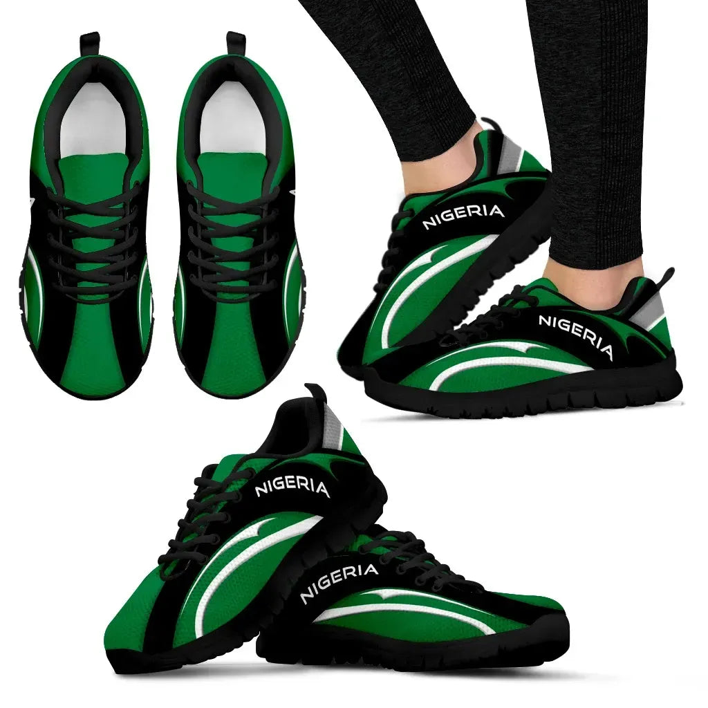 Nigeria-themed sneakers, green and black panels with “NIGERIA” text on the side, black sole