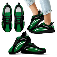 Nigeria flag low-top sneakers, green stripes, “NIGERIA” branding on side, black sole