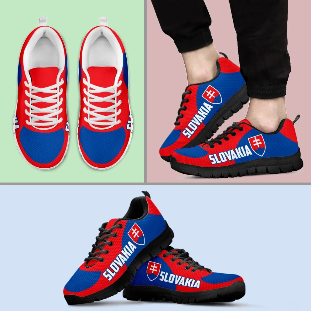 Blue and red Slovakia sneakers, black sole, red laces; pair and on-foot view