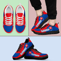 Blue and red Slovakia sneakers, black sole, red laces; pair and on-foot view