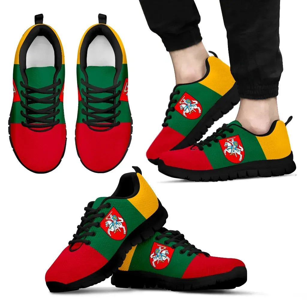 Lithuania flag print lace-up sneakers, red green yellow panels, black sole, crest badge