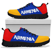Armenia flag sneakers with “ARMENIA” text, blue/red/yellow uppers, black sole
