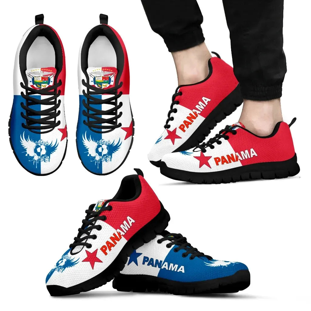 Panama-themed sneakers, red/blue/white upper with black sole and black laces
