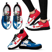 Panama-themed sneakers, blue/white and red panels with black sole, lace-up front