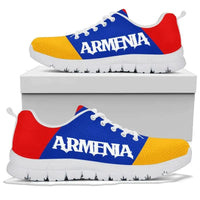 Armenia flag sneakers, “ARMENIA” on front, blue/red/yellow, white sole