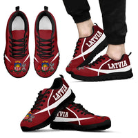 Red Latvia sneakers with black laces and black soles, white logo stripe