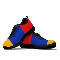 Armenia flag sneakers, blue and red uppers with yellow toe panel, black sole