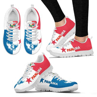 Panama-themed sneakers, red and blue star graphic, white sole, lace-up close-up