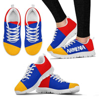 Armenia flag sneakers pair, white laces, blue/red/yellow panels, white sole