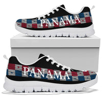 Panama United sneakers on box, white sole with plaid PANAMA side band and black upper