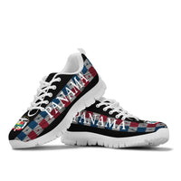 Panama United sneakers with white sole, black upper and multicolor plaid PANAMA side stripe