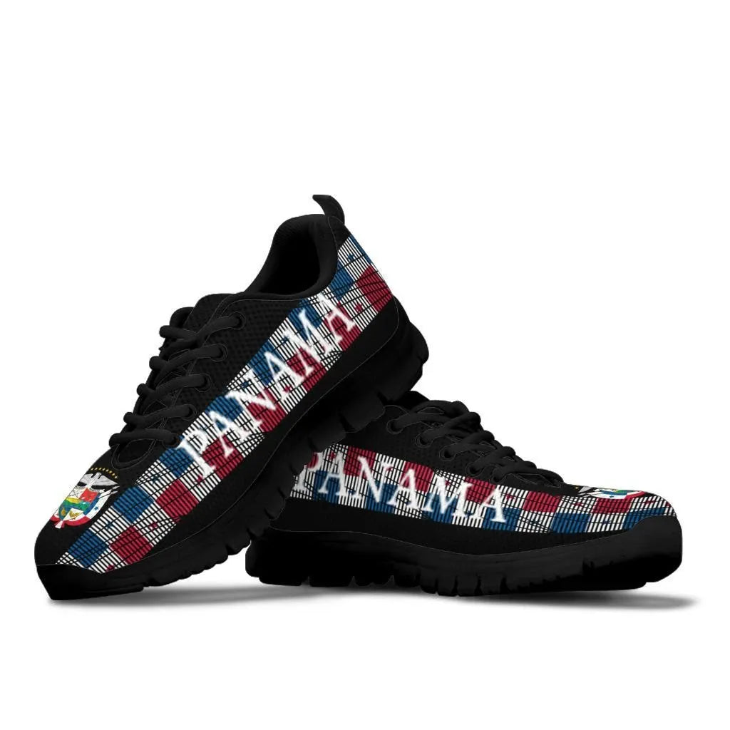 Panama United sneakers pair, black upper with multicolor plaid PANAMA side stripe, black sole
