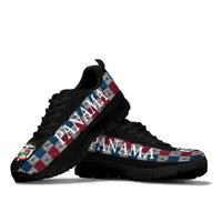 Panama United sneakers pair, black upper with multicolor plaid PANAMA side stripe, black sole