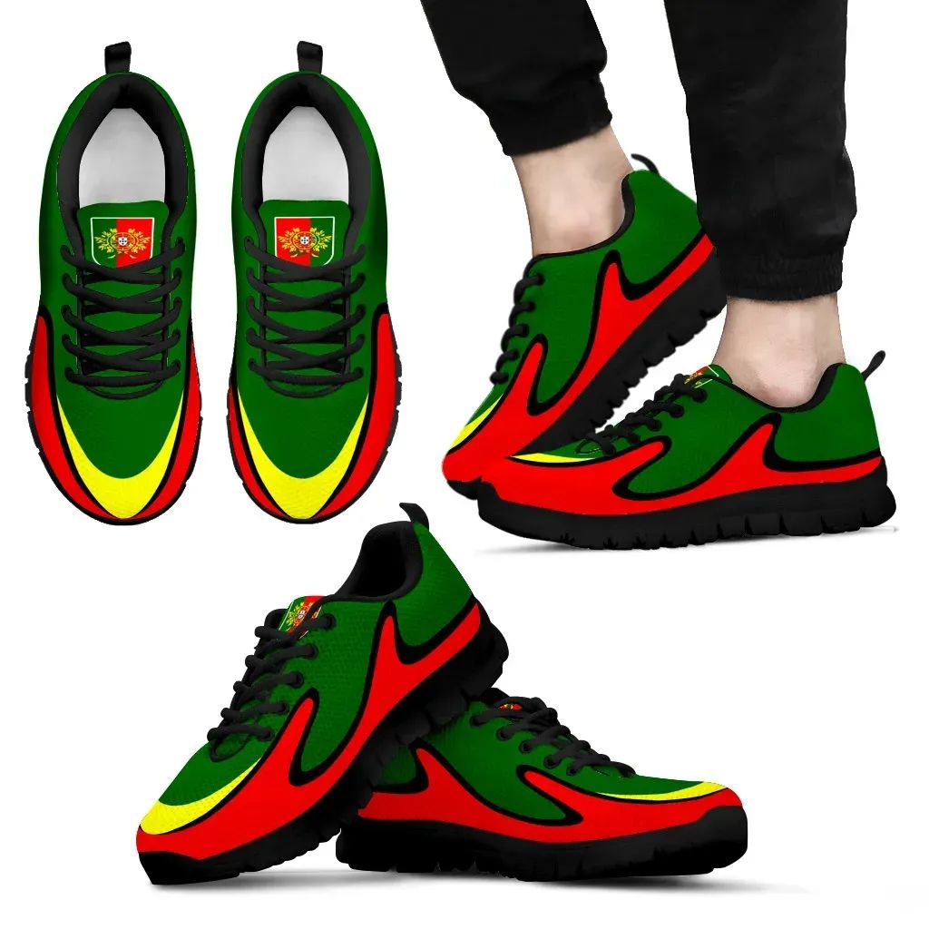 Colorful sneakers with green upper, red swoosh, yellow accents, black sole and laces