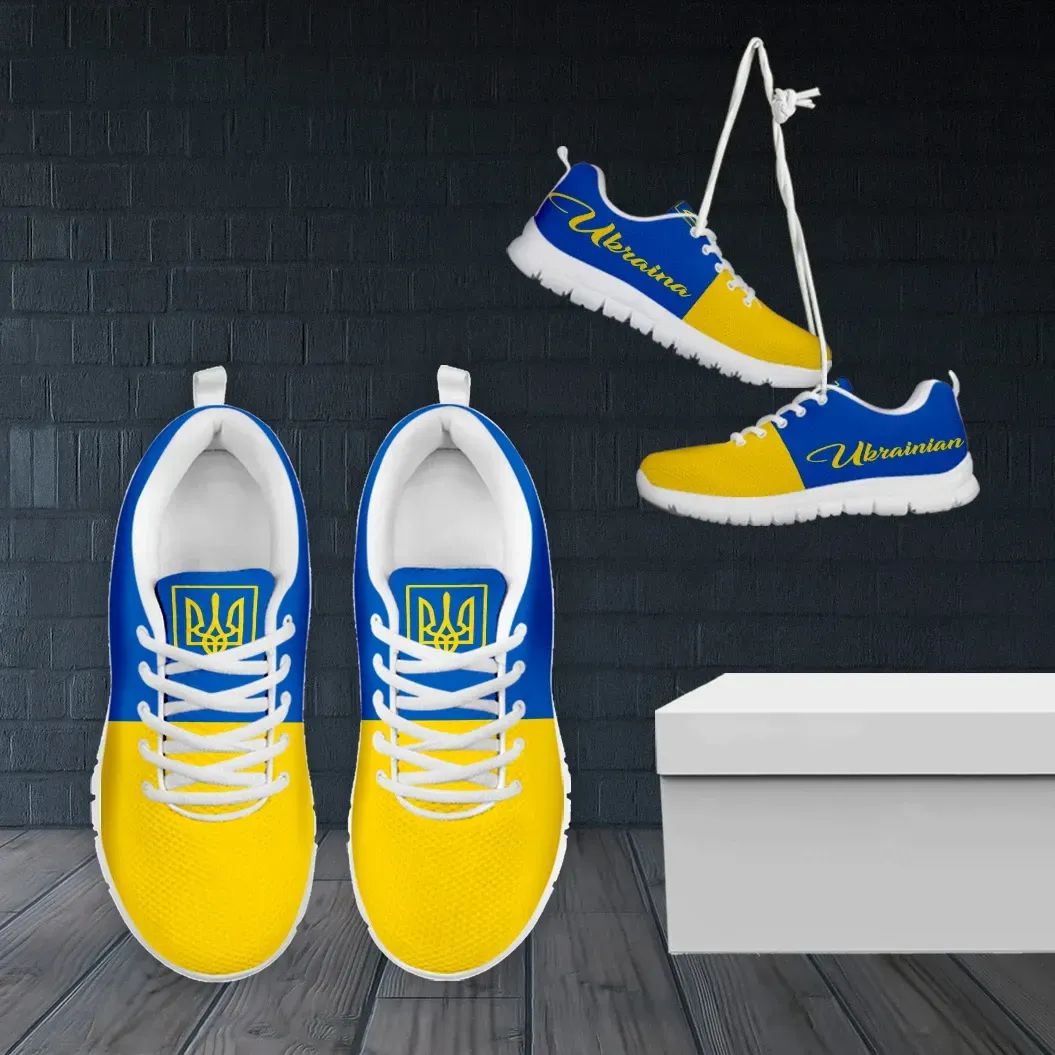 Ukrainian flag sneakers, yellow and blue uppers with white laces and white sole