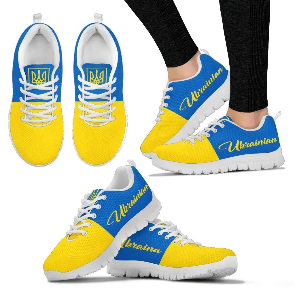 Ukrainian flag sneakers with white sole, yellow and blue color-block uppers, white laces