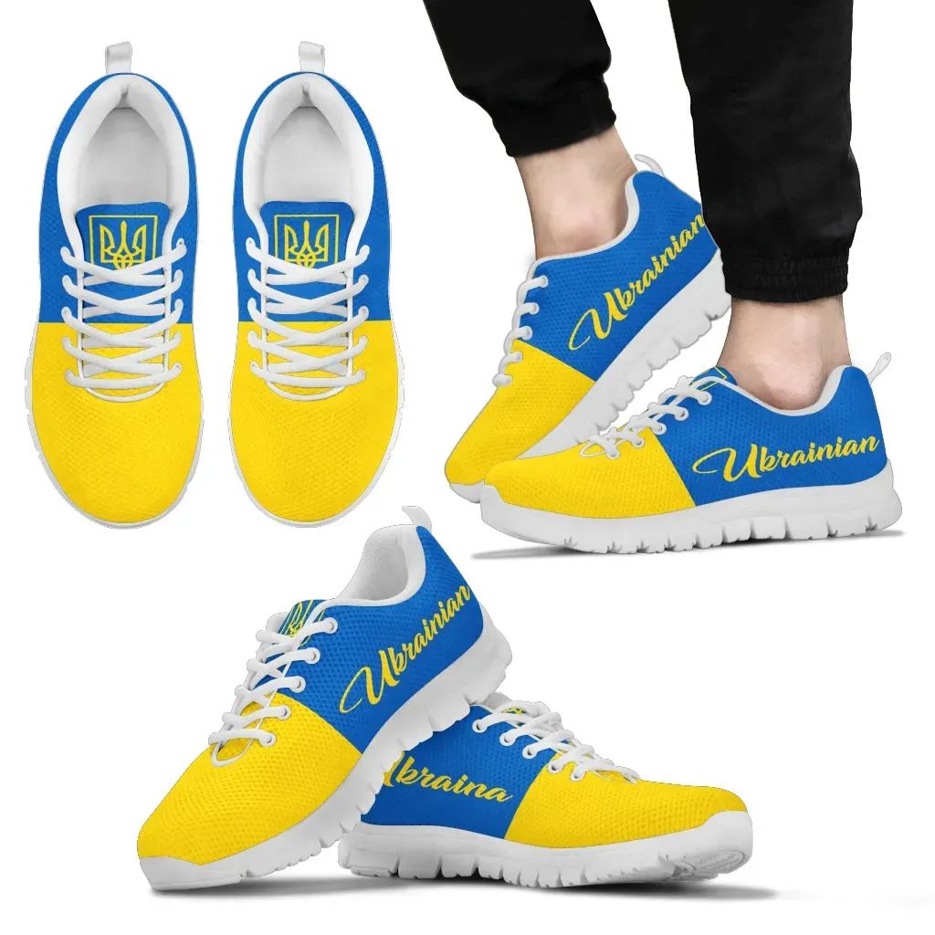 White-sole Ukrainian flag sneakers, blue upper with yellow panel, white laces