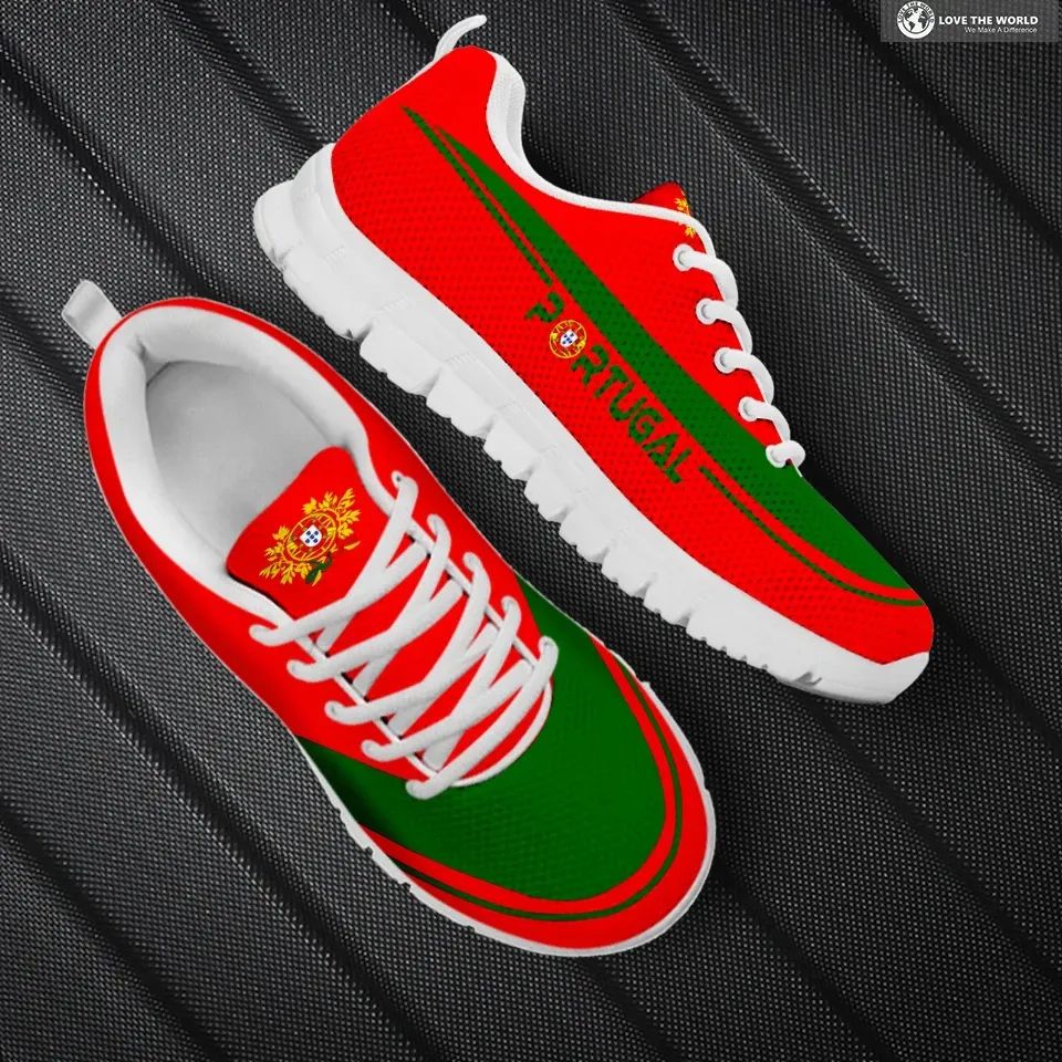Portugal sneakers with red canvas, green stripe and crest, white laces and rubber sole