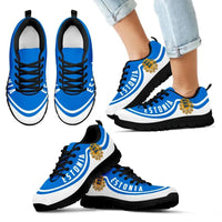 Estonia Wave sneakers, blue and white with black sole, black laces, crest detail
