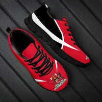 Red and black lace-up active sneakers with white side stripe and crest patch