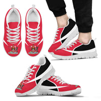 Red lace-up sneakers with white sole, white side stripe, and crest detail