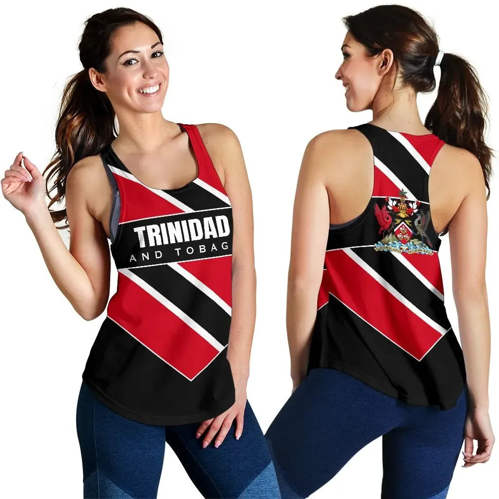 Women’s racerback tank with Trinidad and Tobago text graphic in red, black, and white stripes