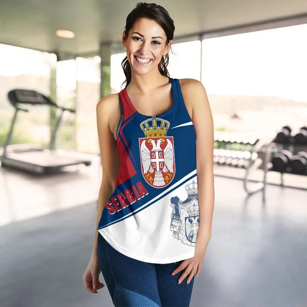Women’s Serbia raceback tank: blue/red/white flag coat-of-arms print, sleeveless