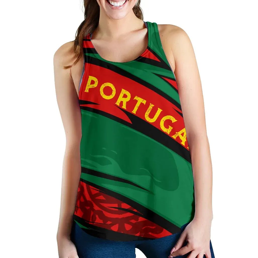 Women’s tank top with 'PORTUGAL' text, green red black diagonal stripes
