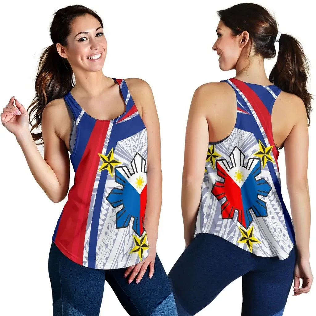 Philippines Women's Racerback Tank, Polynesian Pattern With Flag RLT6 - Wonder Print Shop