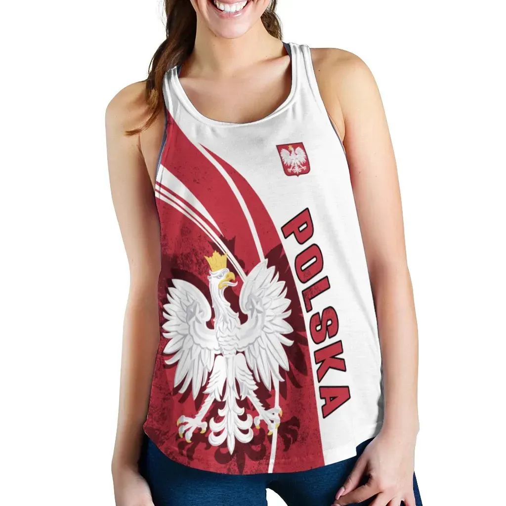 White racerback tank with red Poland flag graphic, eagle emblem and POLSKA text