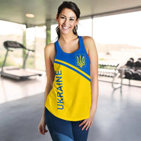 Women’s racerback tank with blue bodice, yellow panel, and Ukraine trident graphic
