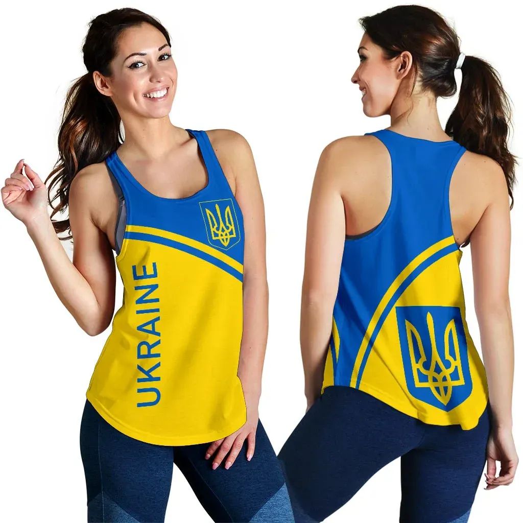 Women’s racerback tank with Ukraine flag print, blue and yellow, curved hem