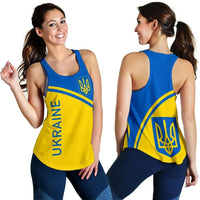 Women’s racerback tank with Ukraine flag print, blue and yellow, curved hem