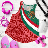 Flat-lay women’s racerback tank with Mexico flag diagonal stripe and Aztec pattern