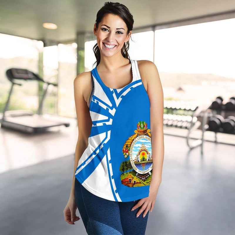 Women’s Honduras tank top, blue with white V-pattern stripe and round crest graphic