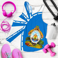 Honduras tank top for women, blue-and-white geometric design with round crest print