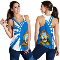 Women’s Honduras tank top, blue with white pattern and circular crest graphic on front