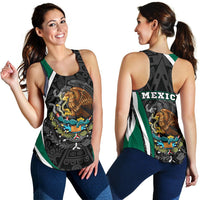 Women’s racerback tank, front and back views: black with green trim and Aztec eagle print