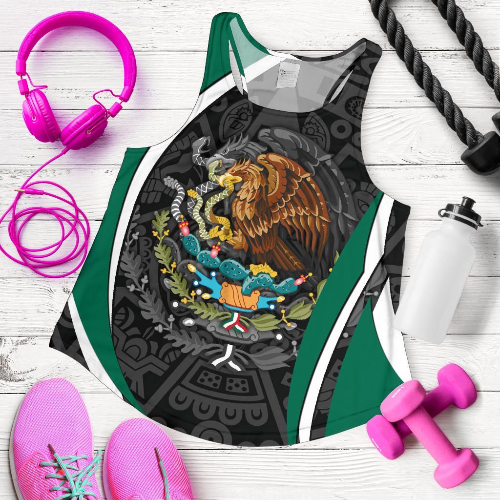 Women’s racerback tank, black with green side panels and colorful Aztec eagle graphic