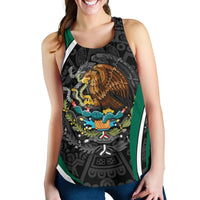 Women’s racerback tank on model, black with green sides and Aztec eagle front print