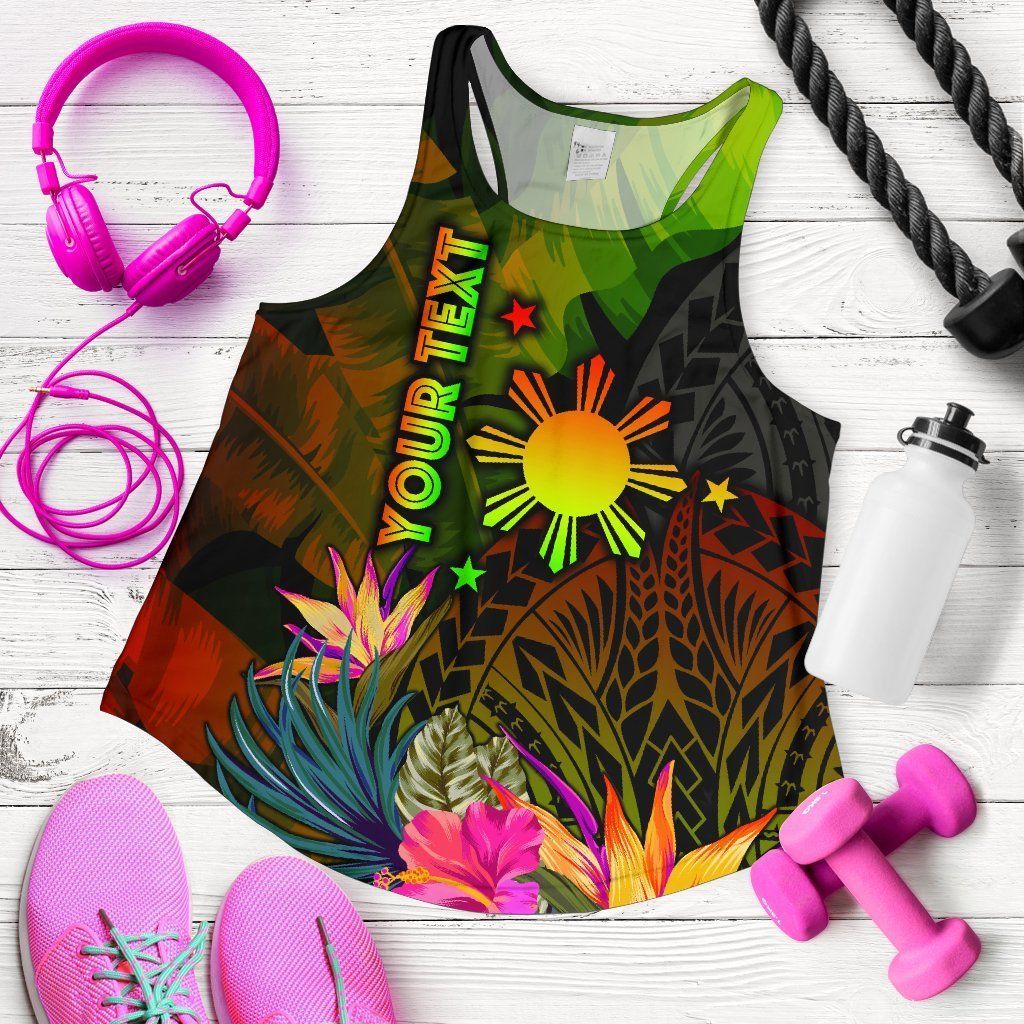 The Philippines Polynesian Personalised Women's Racerback Tank, Hibiscus and Banana Leaves RLT6 - Wonder Print Shop