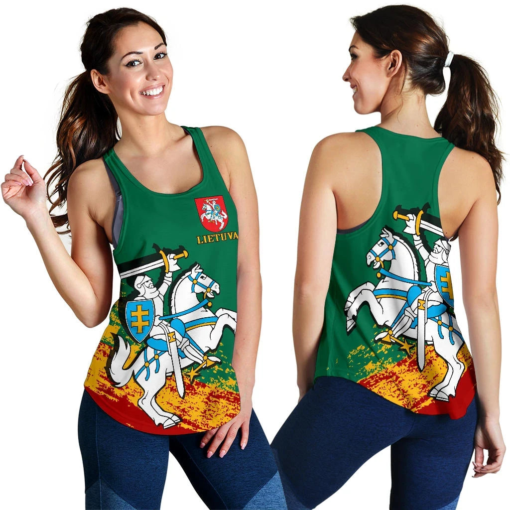Green racerback tank front and back with Lithuania crest and knight design