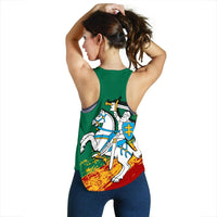 Green racerback tank back view with knight and banner graphic