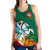 Green racerback tank with Lithuania crest and knight graphic, worn