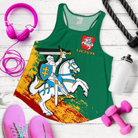 Green racerback tank with Lithuania crest and knight graphic, front