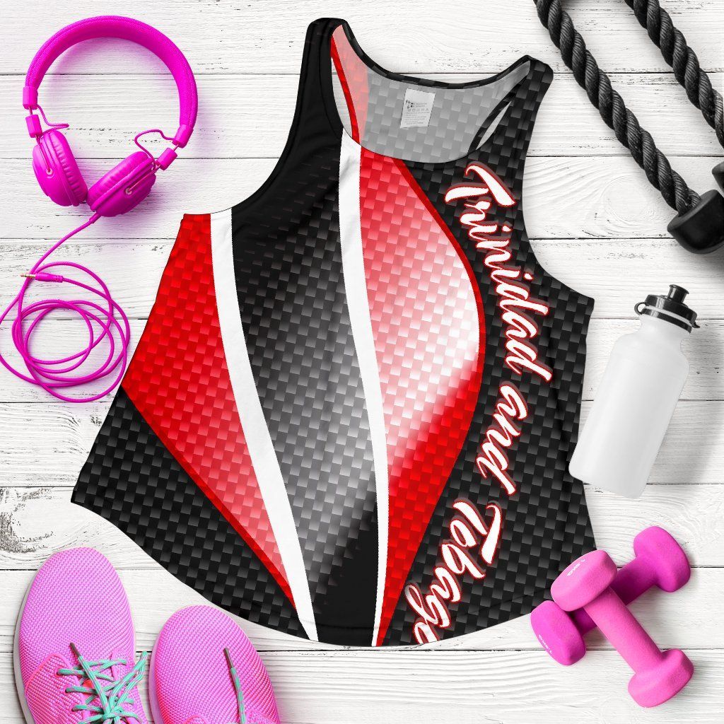Black racerback tank with Trinidad flag red, white, and black check pattern and script