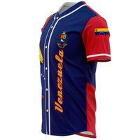 Venezuela baseball jersey side view, blue body with red sleeve and white button placket